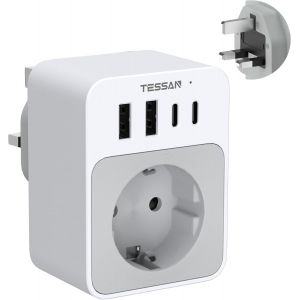 JGD-Adaptateur Prise Anglaise, 5 en 1 Prise Anglaise Adaptateur Francais avec 2 USB C et 2 USB A, 3250W Adapter Irlande, Type G pour UK Irlande Dubai - Neuf