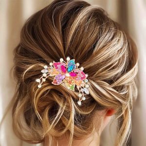 Kal-Peigne À Cheveux De Mariée En Strass Doré Mariée Mariage Fleur Cristal Pièce De Cheveux Accessoires De Cheveux Vintage Pour Femmes (Coloré) - Neuf