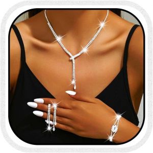 Kales-Ensemble De 3 Bijoux De Mariée Avec Boucles D'oreilles Et Collier En Strass Étincelants Pour Femme-Bijoux De Mariage Et De Bal De Fin D'année - Neuf