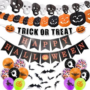 Trahoo-D&eacute;coration D'int&eacute;rieur Pour Halloween, D&eacute;coration De F&ecirc;te Effrayante Avec Guirlande, Chauve-Souris, Cr&acirc;ne, Citrouille, Banni&egrave;re En Papier Pour D&eacute;coration De Porte - Neuf