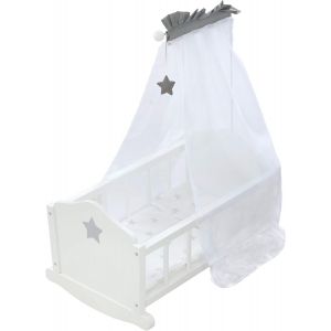 Berceau De Poupée En Bois Stella - Inclus Linge De Lit Imprimé Étoiles + Couverture + Oreiller + Ciel De Lit - Favorise Les Habiletés Sociales - Dès 3 Ans - Blanc / Gris - Neuf