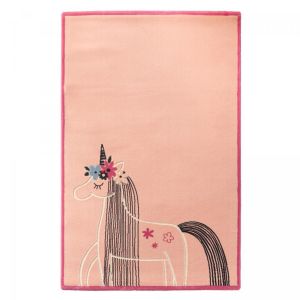 Tapis Enfant 150x200 Tissé Rose Et Gris Motif Animaux Unicorne - Neuf