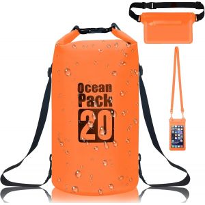 KALANKA-Sac Étanche 20L Dry Bag avec Double Bandoulière Réglable, Sac Etanche Nautique avec Pochette Smartphone et Banane pour Natation, Kayak, Voyage, Cyclisme, Surf (Orange) - Neuf