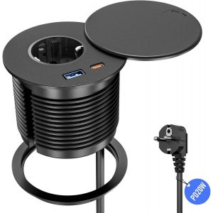 Prise encastrable avec USB-C PD 20W et USB-A, Multiprise encastrable avec Couvercle, C&acirc;ble 2 m, &Oslash;80 mm,Noire - Neuf