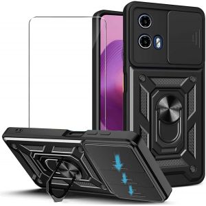 JGD-Coque Compatible avec Motorola Moto G04 4G / G24 / G04s / Moto E14 4G (6.56") et 1 x Verre tremp&eacute; - PC Dur et TPU Silicone Housse avec 360&deg;degr&eacute;s Support Rotatif &Eacute;tui Case Cover Noir - Neuf