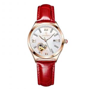 Montre Femme Automatique Mecanique, Lumineuse, Bracelet En Cuir, Squelette, Style Business, Ref. : 7372 - Neuf