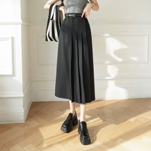 Jupe Plissée Grise Longue Pour Femme, Jupe De Costume D'automne, Longueur Moyenne, Taille Haute, Jupe Trapèze Slim - Neuf