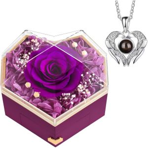 Rose Eternelle &Eacute;ternelles Pr&eacute;serv&eacute;es Cadeaux Pour Femmes Maman &Eacute;pouse, Fleur Eternelle Avec Collier Cadeaux Pour Elle Roses pr&eacute;serv&eacute;es Saint-Valentin, F&ecirc;te des M&egrave;res, No&euml;l, Anniversaire (Coeur Violet) - Neuf