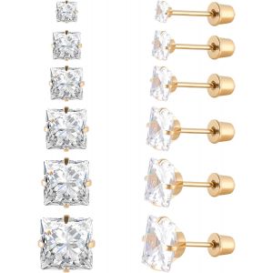 Lot De 6 Paires De Clous D'oreilles En Acier Inoxydable Chirurgical Avec Vis Arrière Plaqué Or 18 Carats En Forme De C?ur,Étoile,Carré,Coupe Princesse,Rondes,Zircons Cubiques Blancs,Pour Femme[X2635] - Neuf