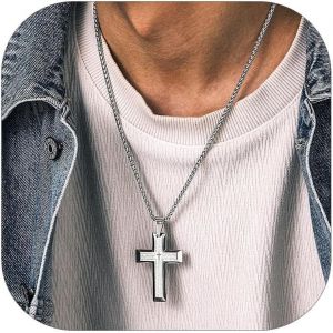Trahoo-Collier Croix Chrétienne Argent/Or/Noir Homme, Pendentif En Acier Courte Avec Chaîne Réglable 55+5 Cm Pour Hommes Femmes - Neuf