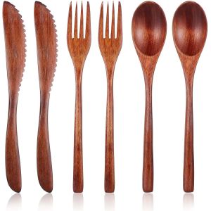 Kalanka-6 Pi&egrave;ces Ensemble De Couverts En Bois, Cuill&egrave;res, Fourchettes Et Grattoirs En Bois Nanmu, Ensemble De Couverts R&eacute;utilisables, Pour Un Usage Quotidien &Agrave; La Maison, En Voyage Et En Camping - Neuf