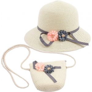 Chapeau de Soleil D'été pour Filles,Petit Sac à Bandoulière pour Filles,Costume de Chapeau de Paille pour Filles,Chapeau de Paille pour Enfants et Petit Sac (Blanc Laiteux) - Neuf