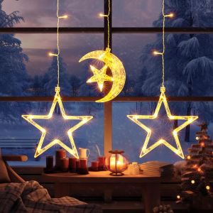 KAL-Guirlande Lumineuse À Piles, 8 Modes Étoile Lune Guirlande Lumineuse Avec Minuterie Mémoire 43Leds Guirlande Lumineuse De Noël/Ramadan Decoration Pour Intérieur/Extérieur Mariage, Fête-1.4M - Neuf