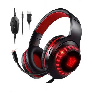 LKLJIJ-Casque Gaming pour PS4/PS5/Xbox One/PC/Nintendo Switch, Casque Gamer avec Micro pour Gaming Switch avec LED Lampe, avec Stéréo Basse Micro Anti-Bruit - Rouge - Neuf