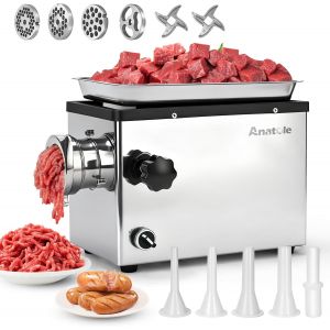 NouvelHorizonstore-Hachoir a Viande &Eacute;lectrique Professionnel 950W Acier Inoxydable Farce &agrave; Saucisses Multifonctions avec 6/8/10mm/3-Trous Plaque 2 Lames de Broyage 1 Remplisseur de Saucisses 220V - Neuf