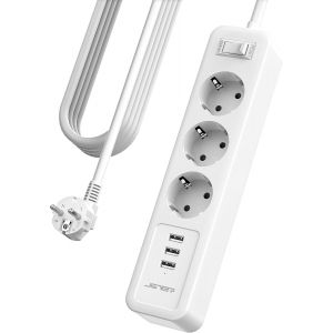 Multiprise 5M, 3 Prises avec 3 Ports USB Chargeur Bloc Multiprise 3680W pour rallonge &eacute;lectrique avec Interrupteur pour Maison, Cuisine, Bureau-Blanc - Neuf