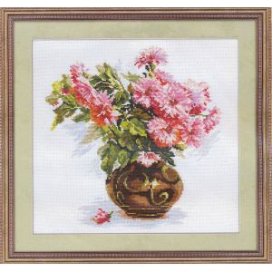 Kit Point De Croix Compt&eacute; "Jardin Fleuri. Chrysanthemes" 26x29 Cm - Neuf