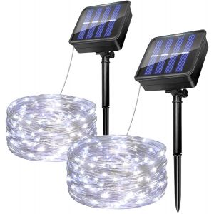 KAL-Lot De 2 Guirlande Lumineuse Exterieure Solaire, 5M 50 Led Guirlande Solaire Exterieur Fil De Cuivre, 8 Modes Ip65 Etanches Lumière Solaire Décoration Pour Jardin Terrasse Noël Fête (Blanc Froid) - Neuf