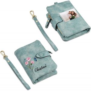 Portefeuille Femme Avec Photo Grav&eacute;e Nom Personnalis&eacute; Porte-Monnaie Cuir Nom De Naissance Fleur Portefeuille Cadeau Pour Maman F&ecirc;te Des M&egrave;res No&euml;l Anniversaire (Vert) - Neuf