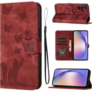 Kal-Housse Protection Pour Samsung Galaxy A54 6.4 Pouces Matériau En Cuir Pu Coque Samsung A54 5g Avec Fentes Pour Cartes Étui Motif Papillon Chat Rouge - Neuf