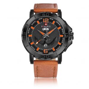 Montre-Bracelet A Quartz Etanche Naviforce Pour Homme, Tendance, Avec Bracelet En Pu (Boitier Noir Et Orange) - Neuf