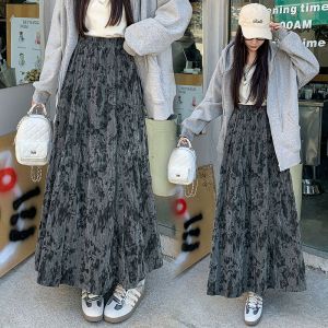 Jupe Plissée À Taille Élastique, Jupe Trapèze Décontractée, Jupe Longue Mi-Longue En Laine Chenille Imprimée, Jupe Longue Polyvalente Pour L'hiver - Neuf