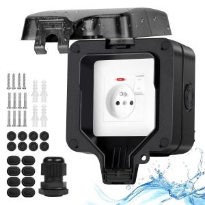 Upgrade Profond Prise ext&eacute;rieure &eacute;tanche IP66, Prise etanche saillie avec interrupteur lampe, Prise de jardin courant &eacute;lectrique ext&eacute;rieure verrouillable, murale coffret boitier individuelle-noire - Neuf