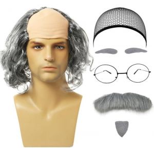 Nbgcm-7 Pcs Ensemble De Perruque Chauve Déguisement Homme Perruque De Grand Père Perruque Homme Fausse Moustache Sourcils Bonnet De Perruque Lunettes Accessoires De Costume Grand Père (Gris-Bouclé) - Neuf