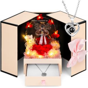 Coffret cadeau rose &eacute;ternelle de qualit&eacute; sup&eacute;rieure avec &eacute;clairage LED et figurine d'ange avec cha&icirc;ne pour maman, petite amie, id&eacute;e cadeau romantique pour &eacute;pouse pour anniversaire, f&ecirc;te des - Neuf