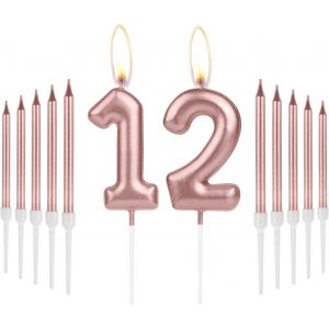 Décorations De Bougies D'anniversaire Pour Filles 12 Bougies Numéro 12 Avec Lumières Longues Or Rose,Décoration De Gâteau D'anniversaire Pour Femmes,Fête Et Anniversaire De Mariage - Neuf