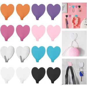 16 PCS Crochet Adhesif Mural Coeur Crochets Adhesif en Acier Inoxydable Crochet Autocollant 8 Couleur Crochets à Serviettes Sans Perçage pour Chambre,Salle de Bain,Cuisine,40 * 40mm - Neuf