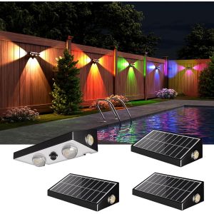 Lot De 4 Appliques Murales Solaires D'extérieur - 3 Voies Rgbcw - Lampes Solaires Pour Extérieur, 10 Modes, 50 Lm, Crépuscule À L'aube Automatique Marche/Arrêt - Étanchéité Ip65 - Pour Mur - Neuf