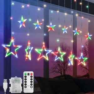 Rideau Lumineux &Eacute;toile, 12 &Eacute;toiles 138 LED Guirlande Lumineuse de Fen&ecirc;tre avec 8 Modes Clignotant D&eacute;coration pour No&euml;l, Mariage, F&ecirc;te, Maison, Chambre (A - Multicolore) - Neuf