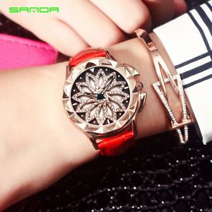 Montre-Bracelet Analogique Ronde A Quartz Pour Femme Avec Bracelet En Cuir Et Strass (Bracelet Rouge) - Neuf
