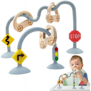 Jouets de Dentition avec Ventouses pour Bebe, Grignoteuse B&eacute;b&eacute; Sans BPA pour Les de 3 6 9 Mois, Montessori Silicone Jouets avec Anneau en Bois pour Naissance Garcon Fille Cadeau (Beige) - Neuf