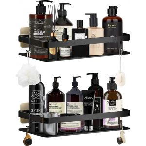 Etagere Douche Sans Percage Blanc Etagere Salle de Bain Espace Aluminium mit 4 Crochets et 8 Adh&eacute;sives Rangement Salle de Bain Sans Percage ou Forage Etagere Douche pour Cuisine Chambre Salle de Bain - Neuf