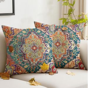 CAUC-Lot de 2 Housses de Coussin Boh&egrave;me 45x45 cm Style Vintage Rouge Exotique en Velours D&eacute;coratives Abstraites pour Jardin Canap&eacute; Bureau Salon Lit - Neuf