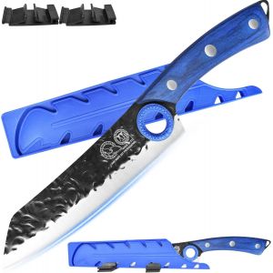 Oayew-7.5 Inch Kitchen Knife High Carbon Steel Forged Japanese Slicing Cooking Chef Knife Full Tang Wood Handle Meat Cleaver For Vegetable Meat Cutting,Finger Hole Design,Black Knife With Sheath - Neuf