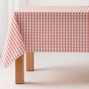 Nappe Anti-Taches Au Toucher Tissu Rectangulaire À Carreaux Vichy, Coton Imperméable, 140 X 200 Cm, Couleur Saumon - Neuf