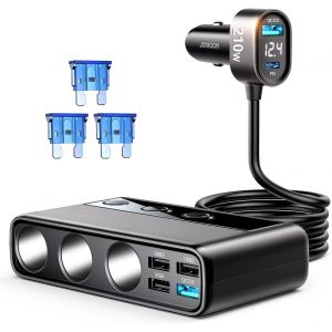 9-en-1 Adaptateur Allume-Cigare,210W DC 12V/24V Prise Allume Cigare USB C,QC 3.0 & 5 Ports PD3.0 36W Chargeur Voiture,Affichage du Tension par LED pour Tablette/iPhone/GPS - Neuf