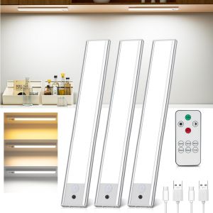 Lampe d'armoire,3 pi&egrave;ces veilleuse avec capteur de mouvement,3000 K-6500 K r&eacute;glable Lampe LED avec t&eacute;l&eacute;commande,31 cm USB rechargeable LED pour armoire,cuisine,couloir,escalier - Neuf