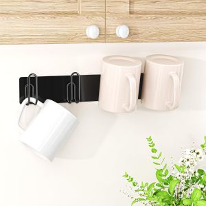 Eryi-Porte Tasse Mural Avec 4 Crochets, Support Tasse A Cafe Suspendu Noir, Porte Tasse Suspendue Autocollant Ou Percé, Rangement Tasse Pour Cuisine, Salon, Café, Salle De Bain, Bureau - Neuf