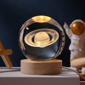 Veilleuse Boule De Cristal 3d Unique,Lampe Led,Lampe De Table De Chevet,Galact Plonger Oyante,Planètes De Saturne,Lune,Cadeau D'anniversaire Pour Enfants,Jouet,5cm-Usb Plug-Saturn - Neuf
