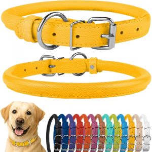 Eryi-Collier De Chien En Cuir Roulé, Collier De Chiot Rond Rembourré Doux, Collier En Cuir Véritable Fait À La Main Pour Petit Grand Collier De Chat 13 Couleurs (40-45 Cm, Jaune Texturé) - Neuf
