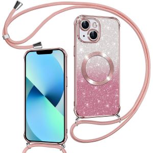 TRAHOO-Couqe Magn&eacute;tique pour iPhone 13 Con Cordon, Compatible avec MagSafe, Brillant Glitter Paillet&eacute; Antichoc Durable R&eacute;sistante Etui Housse pour iPhone 13 Anti-Poussi&egrave;re Soft TPU Bumper, Rose - Neuf