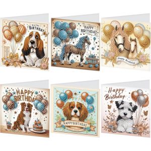 Oayew-Lot De 6 Cartes De V?ux Diamond Painting - Motif Chiens - Chevaux - Carte D'anniversaire - Carte De Remerciement - Cartes De Vacances - Broderie Au Point De Croix - Peinture Diamant - Cadeau - Neuf