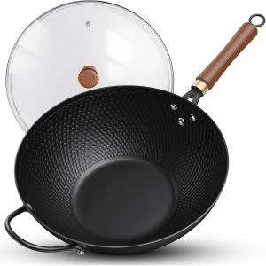 Subzonal-Wok Antiadh&eacute;sif 33 Cm, Pr&eacute;-Assaisonn&eacute; Wok Induction Avec Poign&eacute;e Auxiliaire En Bois Et Acier, Sans Rev&ecirc;tement Chimique, Wok Pour Induction, Plaques &Eacute;lectriques, Gaz - Neuf