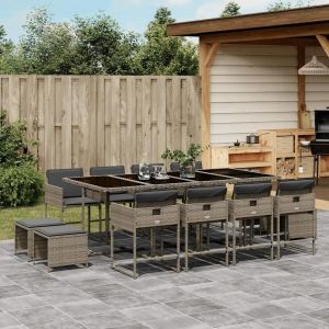 Ensemble À Manger De Jardin Coussins 13 Pcs Gris Résine Tressée - Neuf