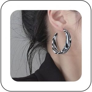 Kal-Boucles D'oreilles Créoles Imprimé Zèbre Boucles D'oreilles Créoles En Forme De C En Acrylique Boucles D'oreilles Créoles En Acrylique Noir Blanc Boucles D'oreilles Créoles Ouvertes - Neuf