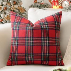 CAUC-Lot de 1 housse de coussin d&eacute;corative &agrave; carreaux &eacute;cossais douce pour canap&eacute;, lit, ferme, terrasse, 60 x 60 cm, rouge et vert - Neuf